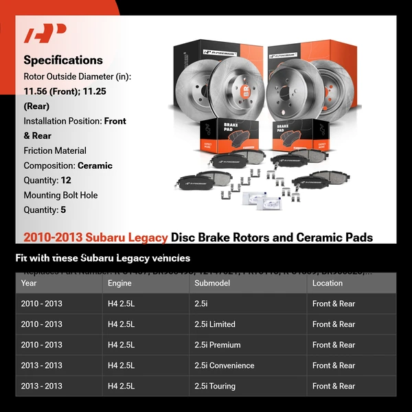 2010-2013 Subaru Legacy Disc Brake Rotors and Ceramic Pads Kit, 12 Pcs, Front & Rear, A-Premium, APBRPR301
