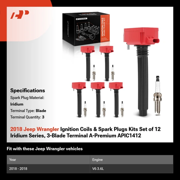2018 Jeep Wrangler Ignition Coils & Spark Plugs Kits Set of 12 Iridium Series, 3-Blade Terminal A-Premium APIC1412