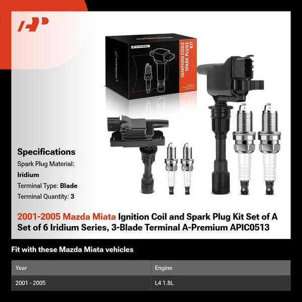 2001-2005 Mazda Miata Ignition Coil and Spark Plug Kit Set of A Set of 6 Iridium Series, 3-Blade Terminal A-Premium APIC0513