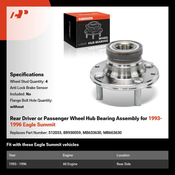 Rear Driver or Passenger Wheel Hub Bearing Assembly for 1993-1996 Eagle Summit