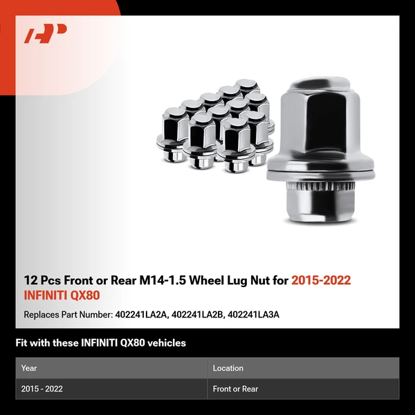 12 Pcs Front or Rear M14-1.5 Wheel Lug Nut for 2015-2022 INFINITI QX80