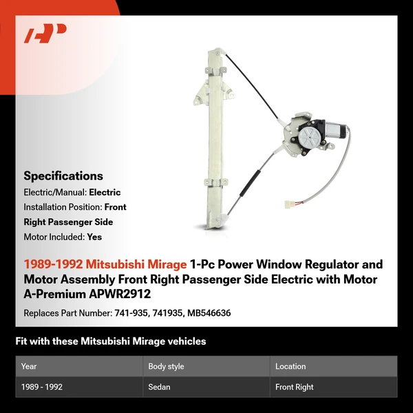 1989-1992 Mitsubishi Mirage 1-Pc Power Window Regulator and Motor Assembly Front Right Passenger Side Electric with Motor A-Premium APWR2912