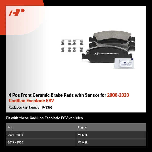 4 Pcs Front Ceramic Brake Pads with Sensor for 2008-2020 Cadillac Escalade ESV