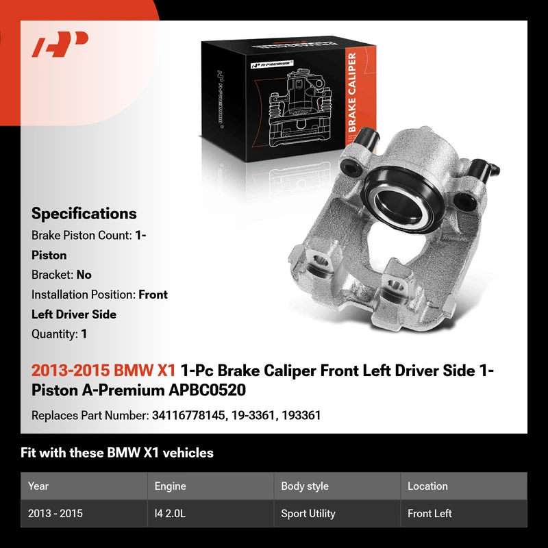 2013-2015 BMW X1 1-Pc Brake Caliper Front Left Driver Side 1-Piston A-Premium APBC0520