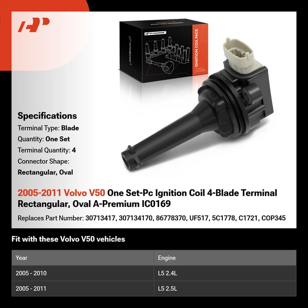 2005-2011 Volvo V50 One Set-Pc Ignition Coil 4-Blade Terminal Rectangular, Oval A-Premium IC0169