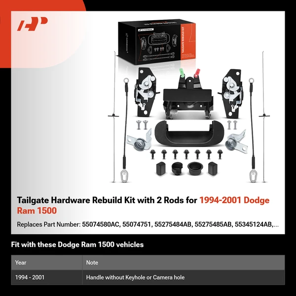 Tailgate Hardware Rebuild Kit with 2 Rods for 1994-2001 Dodge Ram 1500