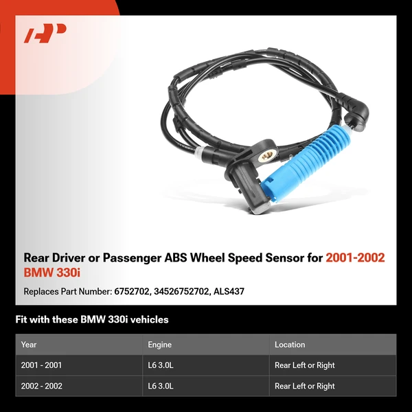 Rear Driver or Passenger ABS Wheel Speed Sensor for 2001-2002 BMW 330i