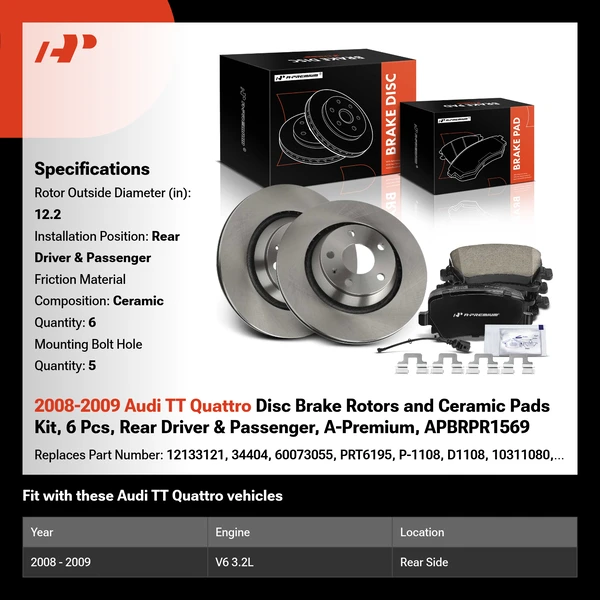 2008-2009 Audi TT Quattro Disc Brake Rotors and Ceramic Pads Kit, 6 Pcs, Rear Driver & Passenger, A-Premium, APBRPR1569
