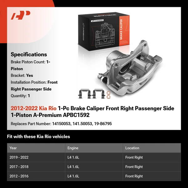 2012-2022 Kia Rio 1-Pc Brake Caliper Front Right Passenger Side 1-Piston A-Premium APBC1592