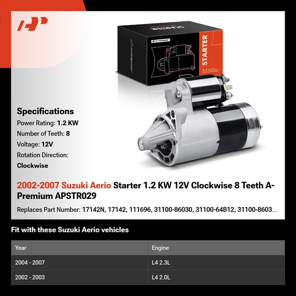2002-2007 Suzuki Aerio Starter 1.2 KW 12V Clockwise 8 Teeth A-Premium APSTR029