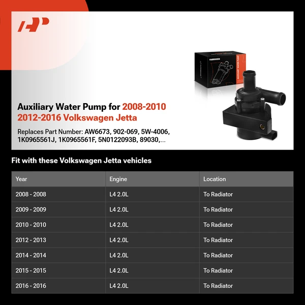 Auxiliary Water Pump for 2008-2010 2012-2016 Volkswagen Jetta