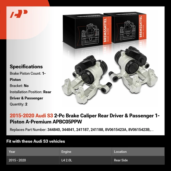 2015-2020 Audi S3 2-Pc Brake Caliper Rear Driver & Passenger 1-Piston A-Premium APBC05PPW
