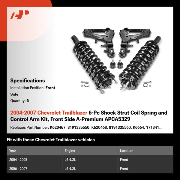 2004-2007 Chevrolet Trailblazer 6-Pc Shock Strut Coil Spring and Control Arm Kit, Front Side A-Premium APCA5329