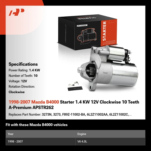 1998-2007 Mazda B4000 Starter 1.4 KW 12V Clockwise 10 Teeth A-Premium APSTR262