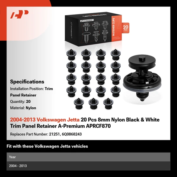 2004-2013 Volkswagen Jetta 20 Pcs 8mm Nylon Black & White Trim Panel Retainer A-Premium APRCF870