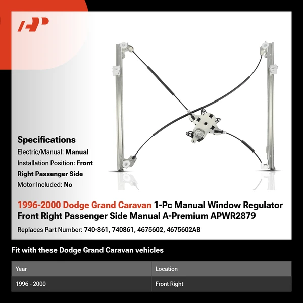 1996-2000 Dodge Grand Caravan 1-Pc Manual Window Regulator Front Right Passenger Side Manual A-Premium APWR2879