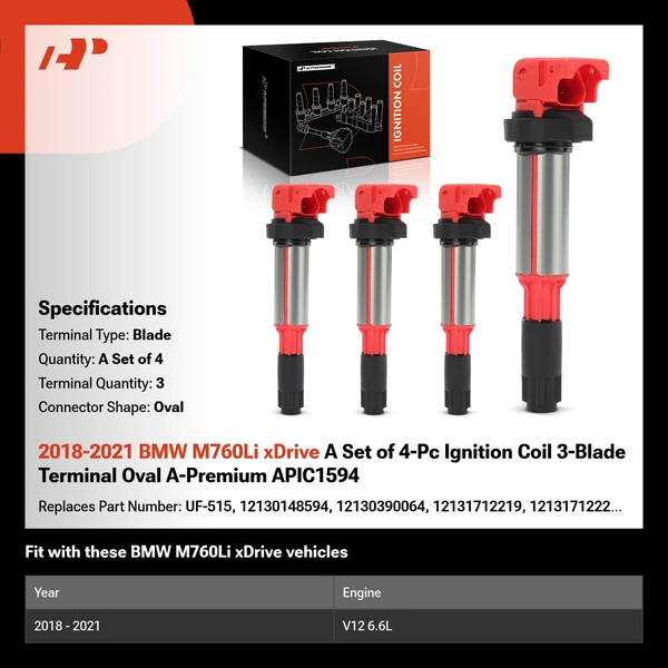 2018-2021 BMW M760Li xDrive A Set of 4-Pc Ignition Coil 3-Blade Terminal Oval A-Premium APIC1594