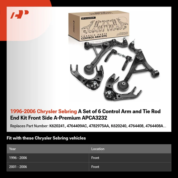 1996-2006 Chrysler Sebring A Set of 6 Control Arm and Tie Rod End Kit Front Side A-Premium APCA3232
