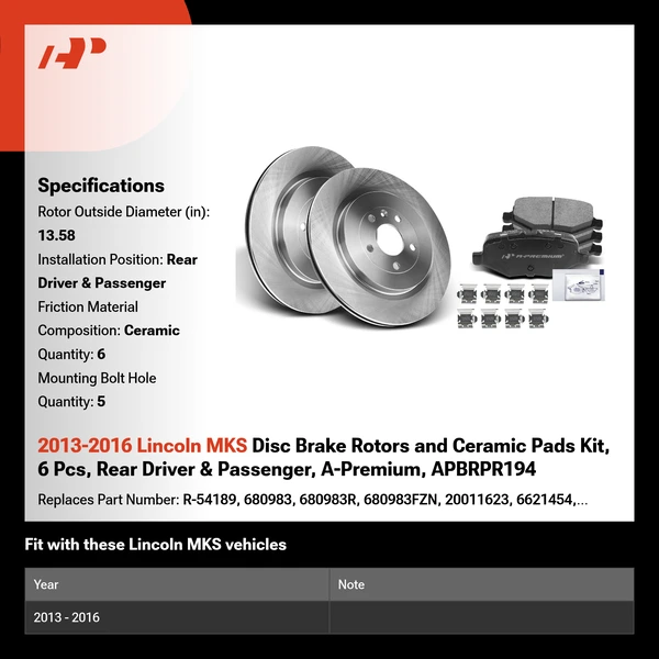 2013-2016 Lincoln MKS Disc Brake Rotors and Ceramic Pads Kit, 6 Pcs, Rear Driver & Passenger, A-Premium, APBRPR194