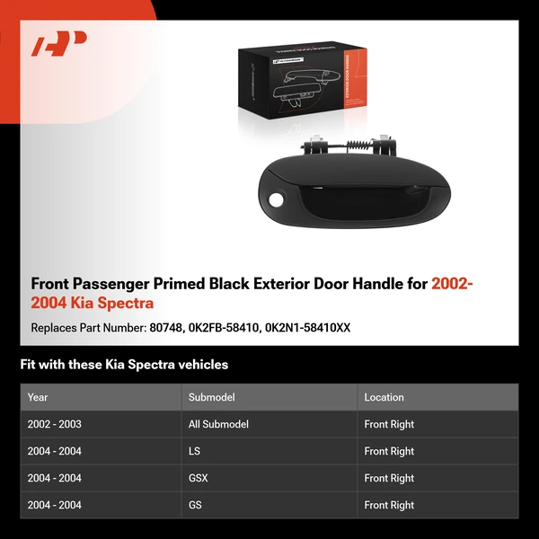 Front Passenger Primed Black Exterior Door Handle for 2002-2004 Kia Spectra