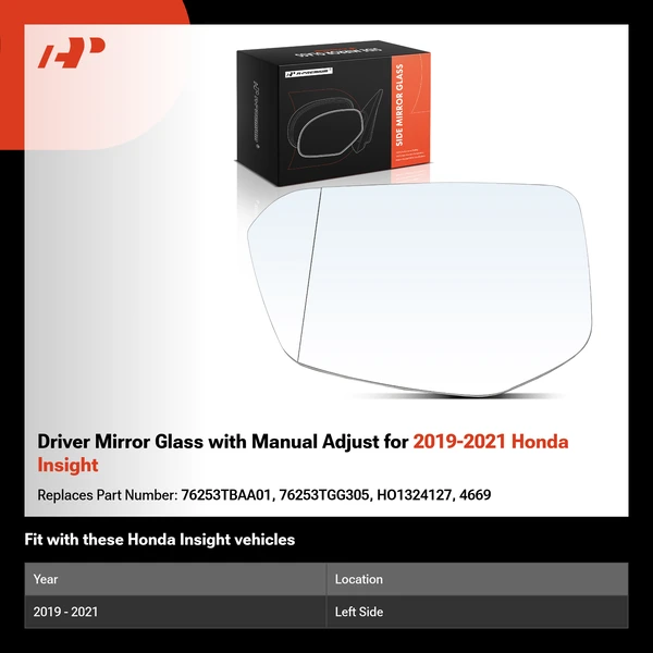 Driver Mirror Glass with Manual Adjust for 2019-2021 Honda Insight