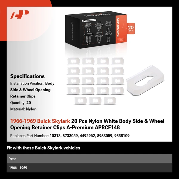 1966-1969 Buick Skylark 20 Pcs Nylon White Body Side & Wheel Opening Retainer Clips A-Premium APRCF148