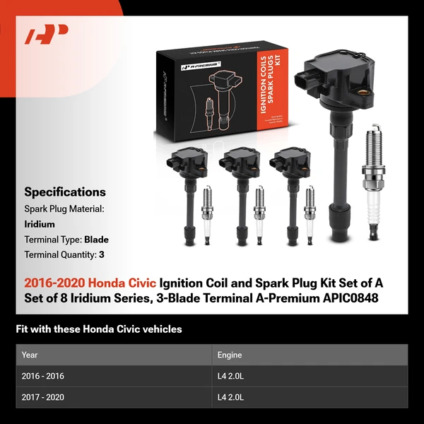 2016-2020 Honda Civic Ignition Coil and Spark Plug Kit Set of A Set of 8 Iridium Series, 3-Blade Terminal A-Premium APIC0848