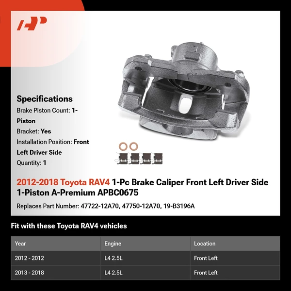 2012-2018 Toyota RAV4 1-Pc Brake Caliper Front Left Driver Side 1-Piston A-Premium APBC0675