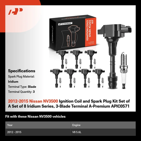 2012-2015 Nissan NV3500 Ignition Coil and Spark Plug Kit Set of A Set of 8 Iridium Series, 3-Blade Terminal A-Premium APIC0571