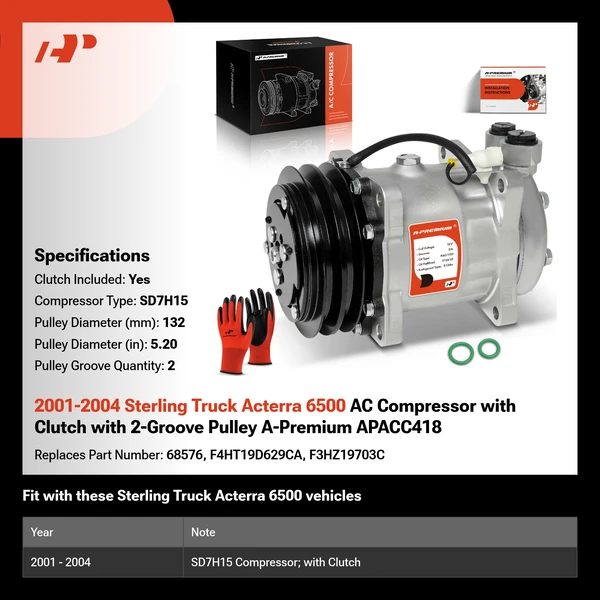2001-2004 Sterling Truck Acterra 6500 AC Compressor with Clutch with 2-Groove Pulley A-Premium APACC418