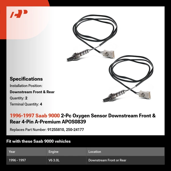 1996-1997 Saab 9000 2-Pc Oxygen Sensor Downstream Front & Rear 4-Pin A-Premium APOS0839