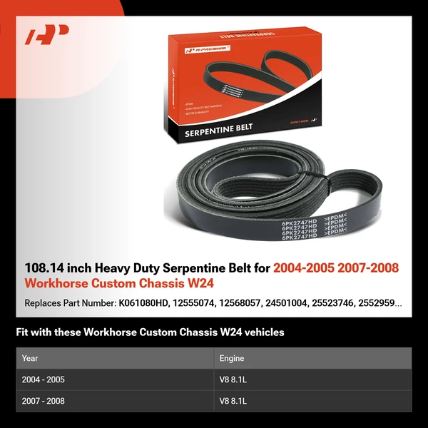 108.14 inch Heavy Duty Serpentine Belt for 2004-2005 2007-2008 Workhorse Custom Chassis W24