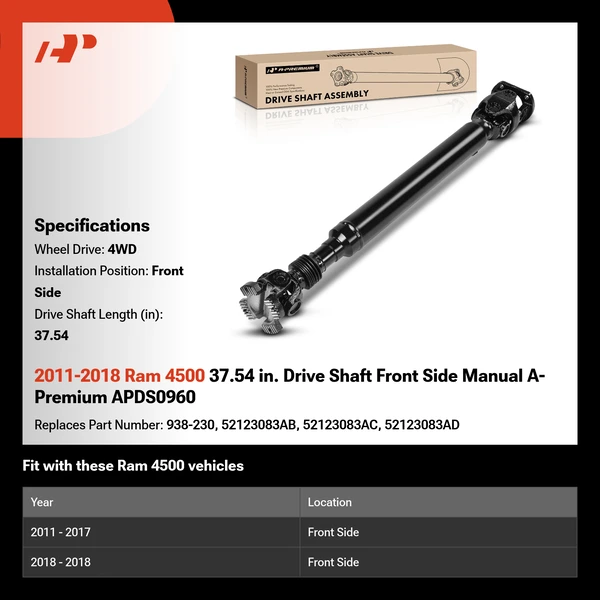 2011-2018 Ram 4500 37.54 in. Drive Shaft Front Side Manual A-Premium APDS0960