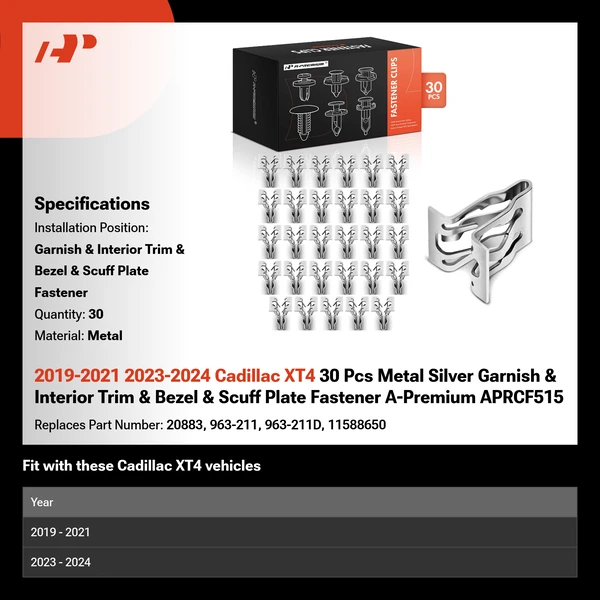 2019-2021 2023-2024 Cadillac XT4 30 Pcs Metal Silver Garnish & Interior Trim & Bezel & Scuff Plate Fastener A-Premium APRCF515