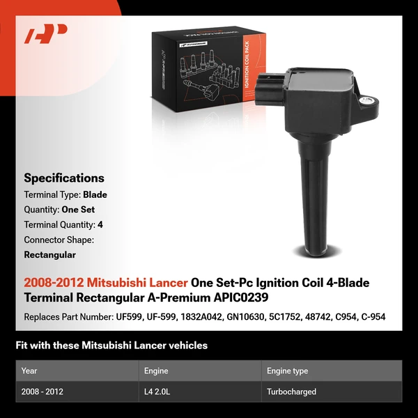 2008-2012 Mitsubishi Lancer One Set-Pc Ignition Coil 4-Blade Terminal Rectangular A-Premium APIC0239