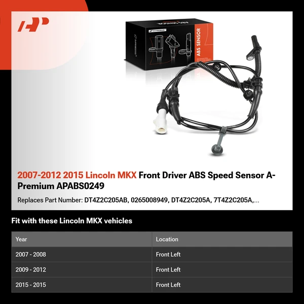 2007-2012 2015 Lincoln MKX Front Driver ABS Speed Sensor A-Premium APABS0249