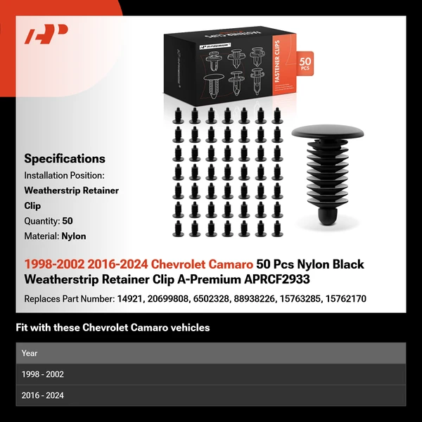 1998-2002 2016-2024 Chevrolet Camaro 50 Pcs Nylon Black Weatherstrip Retainer Clip A-Premium APRCF2933