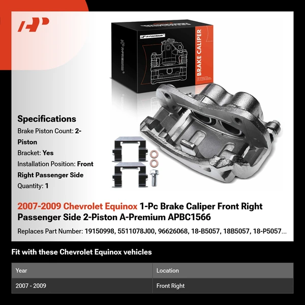 2007-2009 Chevrolet Equinox 1-Pc Brake Caliper Front Right Passenger Side 2-Piston A-Premium APBC1566