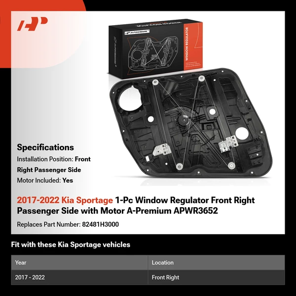 2017-2022 Kia Sportage 1-Pc Window Regulator Front Right Passenger Side with Motor A-Premium APWR3652