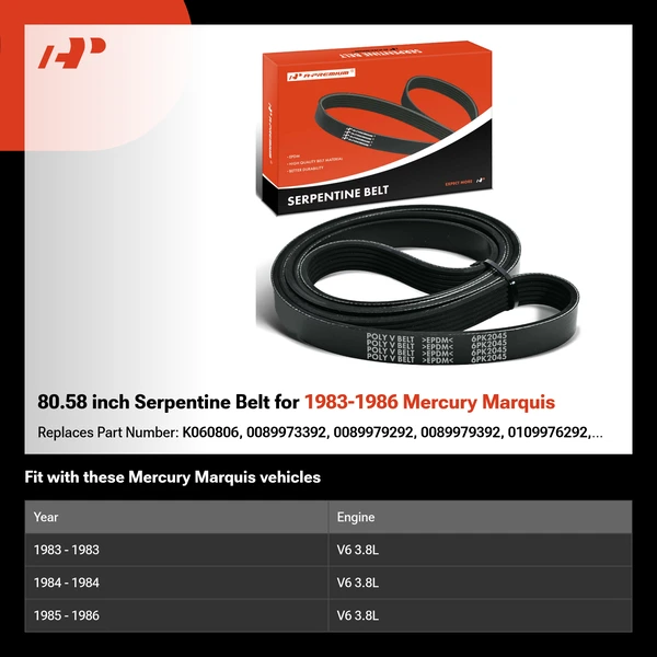 80.58 inch Serpentine Belt for 1983-1986 Mercury Marquis
