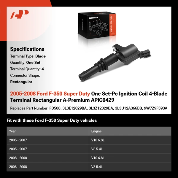 2005-2008 Ford F-350 Super Duty One Set-Pc Ignition Coil 4-Blade Terminal Rectangular A-Premium APIC0429