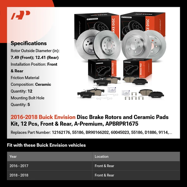 2016-2018 Buick Envision Disc Brake Rotors and Ceramic Pads Kit, 12 Pcs, Front & Rear, A-Premium, APBRPR1675