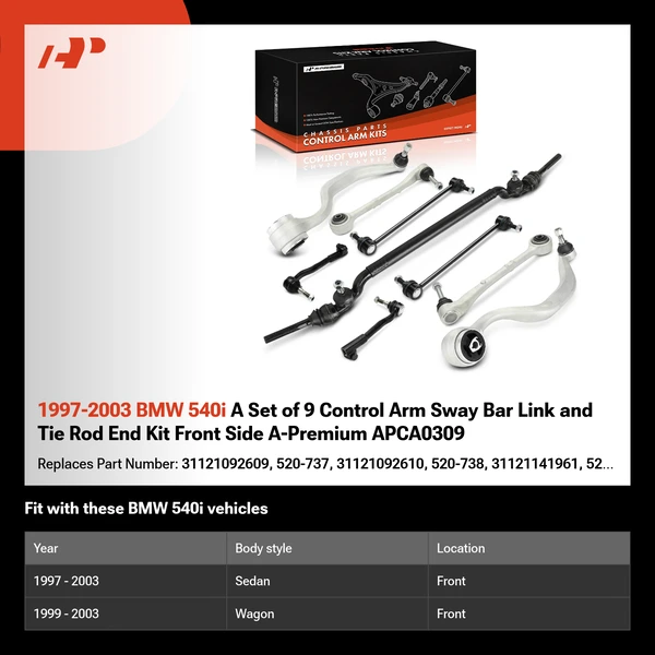 1997-2003 BMW 540i A Set of 9 Control Arm Sway Bar Link and Tie Rod End Kit Front Side A-Premium APCA0309