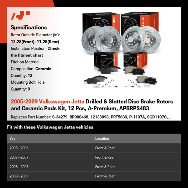 2005-2009 Volkswagen Jetta Drilled & Slotted Disc Brake Rotors and Ceramic Pads Kit, 12 Pcs, A-Premium, APBRPS483