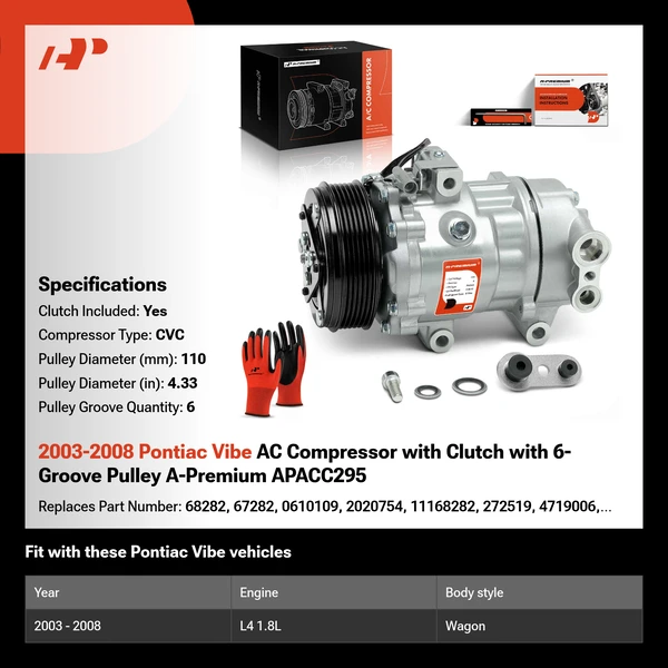 2003-2008 Pontiac Vibe AC Compressor with Clutch with 6-Groove Pulley A-Premium APACC295