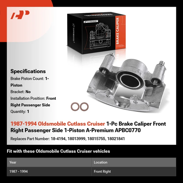 1987-1994 Oldsmobile Cutlass Cruiser 1-Pc Brake Caliper Front Right Passenger Side 1-Piston A-Premium APBC0770