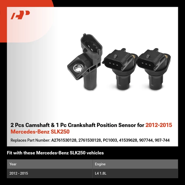 2 Pcs Camshaft & 1 Pc Crankshaft Position Sensor for 2012-2015 Mercedes-Benz SLK250