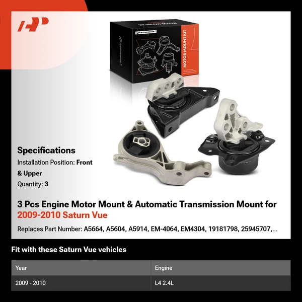 3 Pcs Engine Motor Mount & Automatic Transmission Mount for 2009-2010 Saturn Vue
