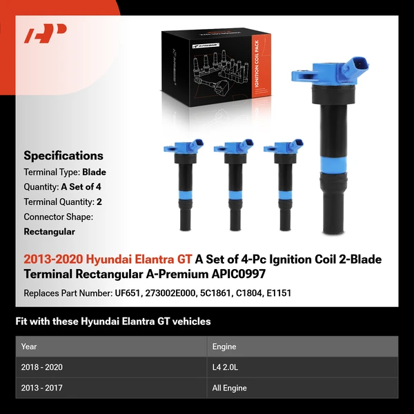 2013-2020 Hyundai Elantra GT A Set of 4-Pc Ignition Coil 2-Blade Terminal Rectangular A-Premium APIC0997