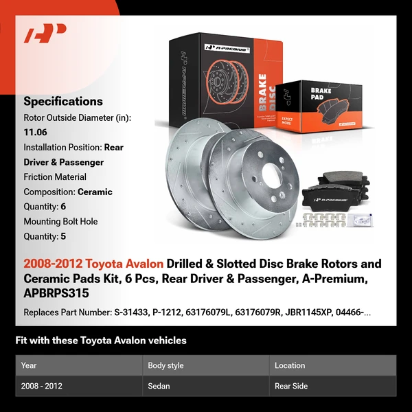 2008-2012 Toyota Avalon Drilled & Slotted Disc Brake Rotors and Ceramic Pads Kit, 6 Pcs, Rear Driver & Passenger, A-Premium, APBRPS315